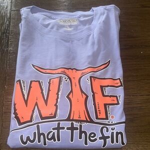 What the fin? Classic coral logo /Lavender purple performance fabric T-shirt NWT
